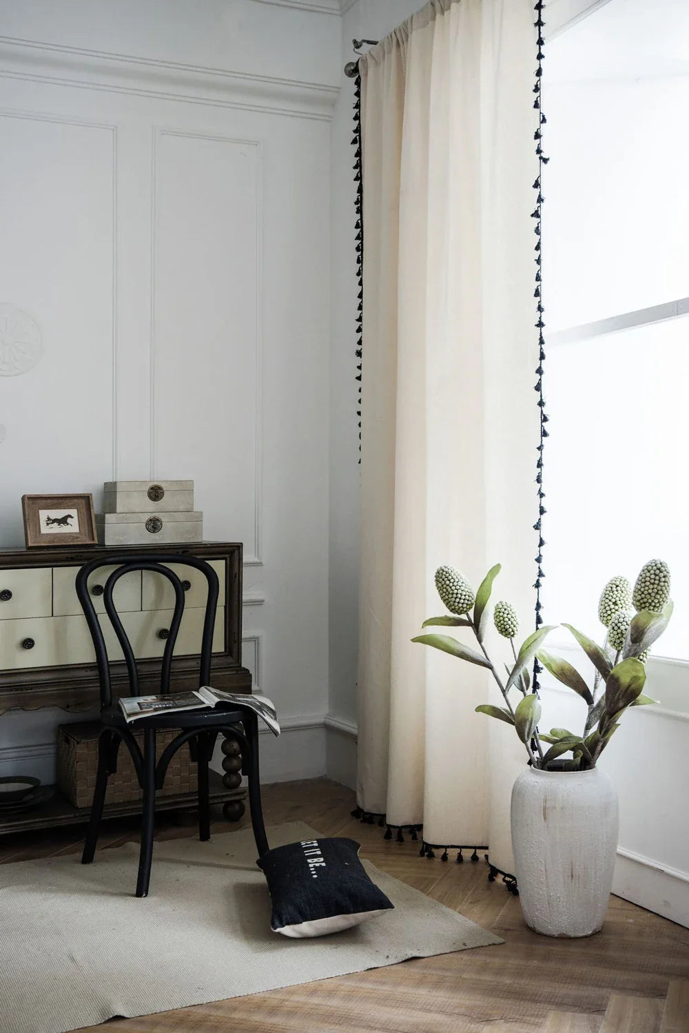 Boho Curtains Natural Linen Look Textured Burlap for Bedroom Rod Pocket Semi Blackout with Tassels Window Drapes for Living Room