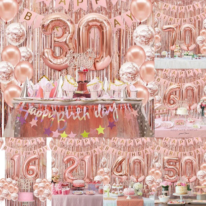58Pc/Set 40-Inch Number Foil Balloons Party Backdrop Rain Curtain Rose Gold Glitter Balloons Happy Birthday Pink Banner Birthday Party Set Celebration Birthday Party Combo Set Suitable for 16Th 21St 30Th 40Th 50Th 60Th 70Th C