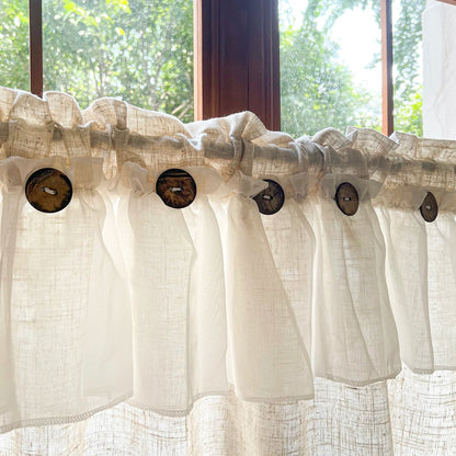 Countryside Double-layer Pleated Small Curtains For Kitchen,With Button Design Cafe Style Half Curtain,Affordable Linen Curtains