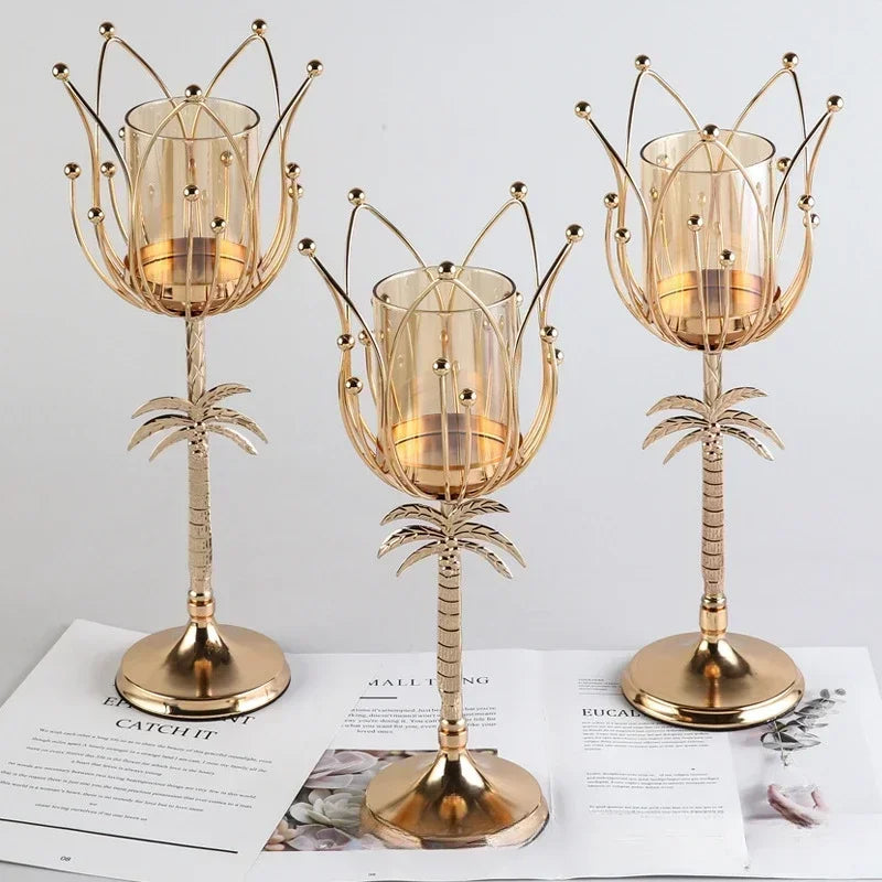 1pcs Electroplated Candlestick Candlelight Dinner European Lotus Metal Candlestick Coconut Tree Candlestick Christmas Decoration