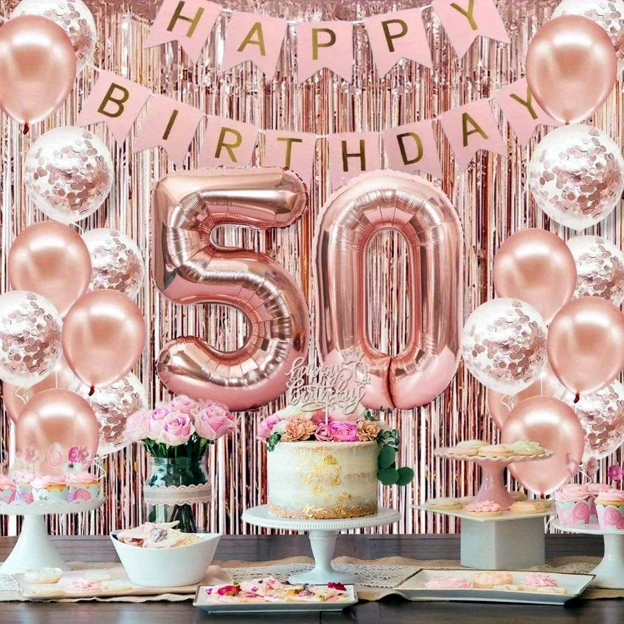 58Pc/Set 40-Inch Number Foil Balloons Party Backdrop Rain Curtain Rose Gold Glitter Balloons Happy Birthday Pink Banner Birthday Party Set Celebration Birthday Party Combo Set Suitable for 16Th 21St 30Th 40Th 50Th 60Th 70Th C