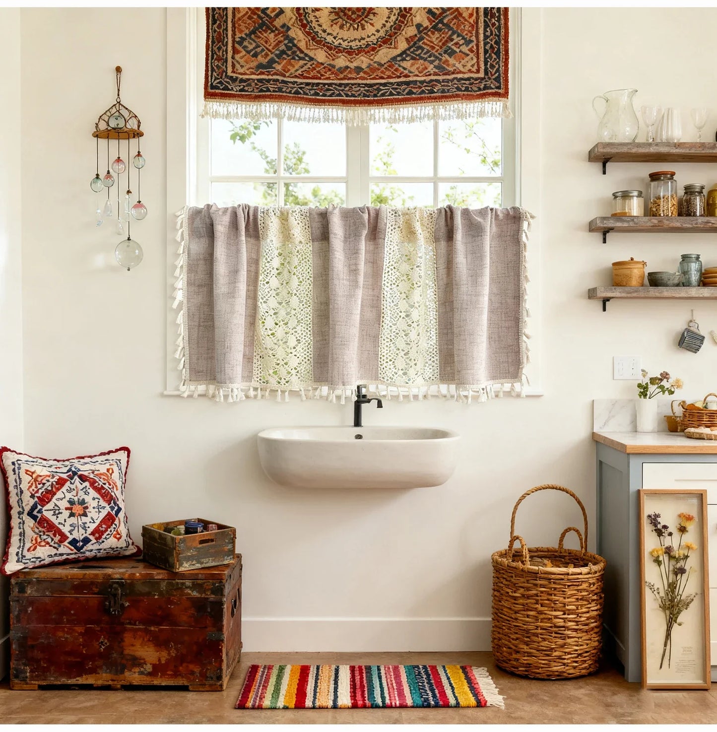 Bohemian Crochet Lace Kitchen Curtain with Tassel Trim, Spliced Design Boho Curtains for Window Panel Light Filtering Drape