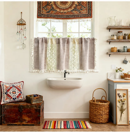 Bohemian Crochet Lace Kitchen Curtain with Tassel Trim, Spliced Design Boho Curtains for Window Panel Light Filtering Drape