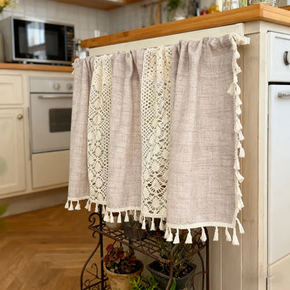 Bohemian Crochet Lace Kitchen Curtain with Tassel Trim, Spliced Design Boho Curtains for Window Panel Light Filtering Drape