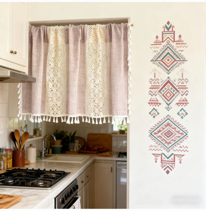 Bohemian Crochet Lace Kitchen Curtain with Tassel Trim, Spliced Design Boho Curtains for Window Panel Light Filtering Drape