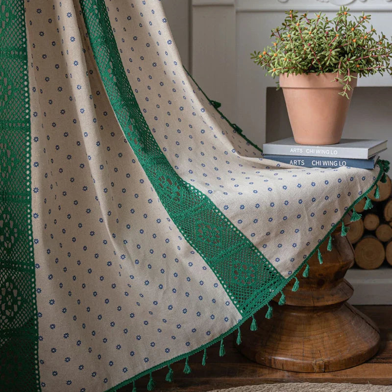 Boho Curtains Semi-Blackout Crochet Patchwork Floral Print Cotton Linen with Tassels Rod Pocket Window Drapes for Living Bedroom