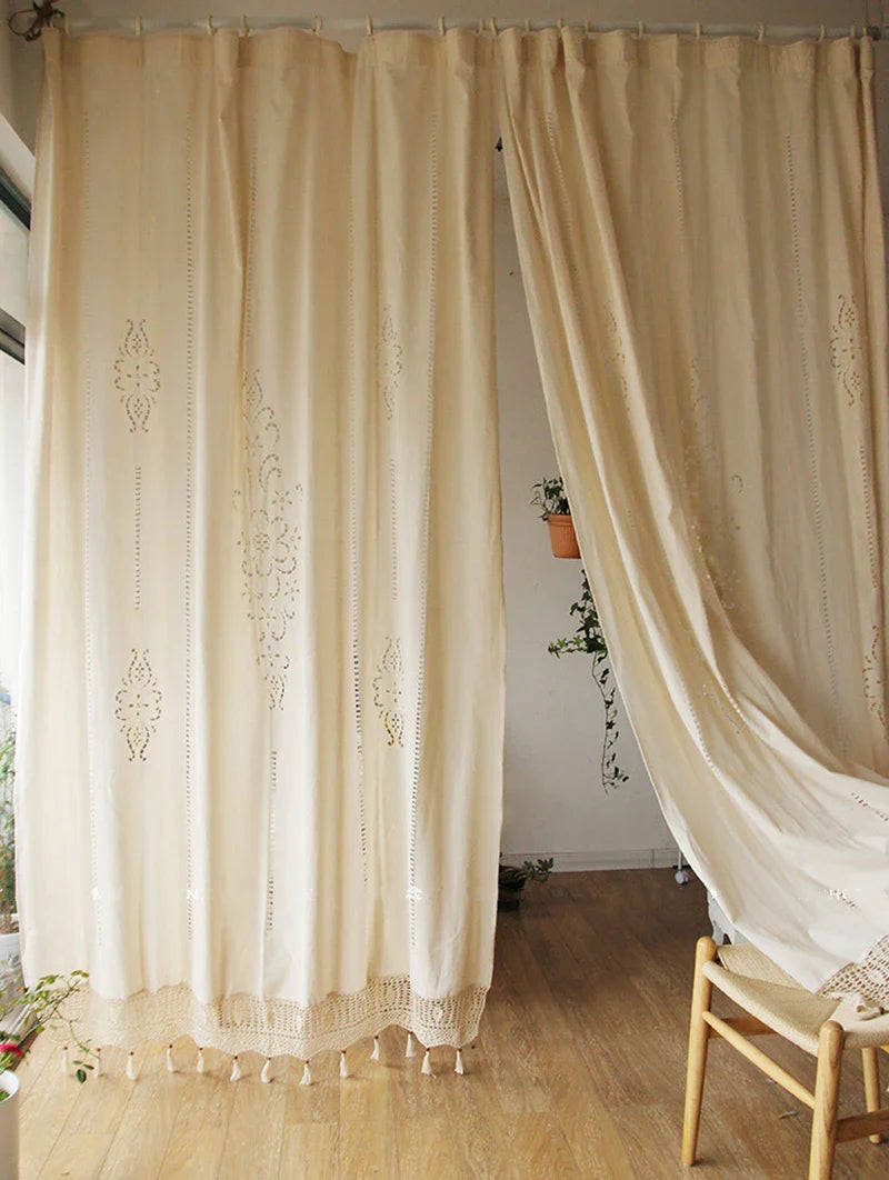 French Solid Cotton Linen Retro Hollow Curtain Handmade Crochet Bottom Stitching Blackout Window Curtain for Living Room