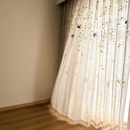 French Embroidered Bird Linen Curtain For Living Room, Privacy Sheer Curtain For Bedroom, Machine Washable .Easy Install Curtain