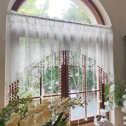 Luxury French Country Curtain with Embroidered Lace Crystal Pendants Semi Sheer Panel,Translucent Light Filtering Window Drapery