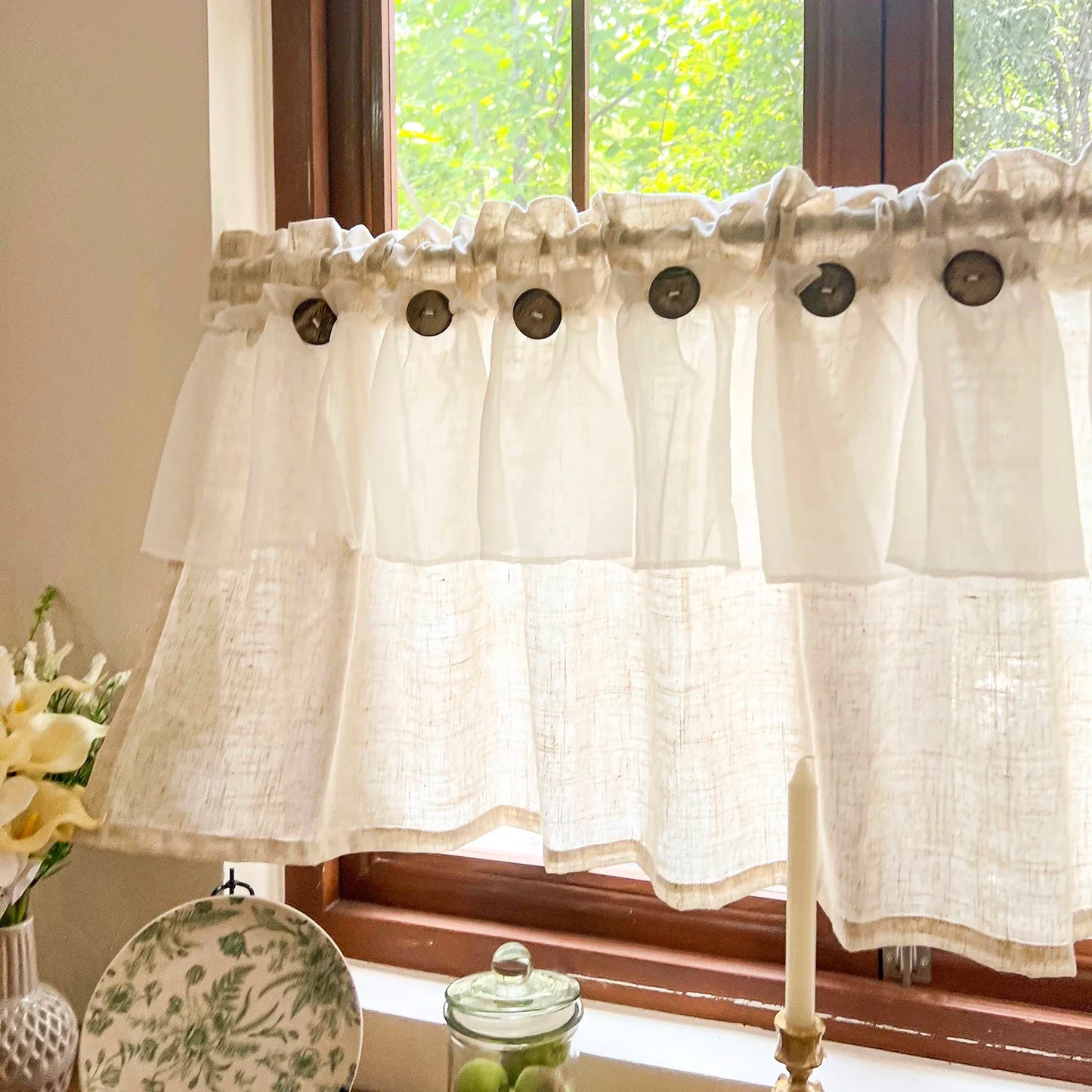 Countryside Double-layer Pleated Small Curtains For Kitchen,With Button Design Cafe Style Half Curtain,Affordable Linen Curtains