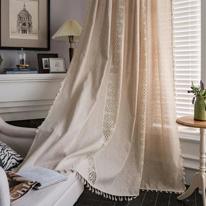 Boho Curtains Semi-Blackout Crochet Patchwork Floral Print Cotton Linen with Tassels Rod Pocket Window Drapes for Living Bedroom