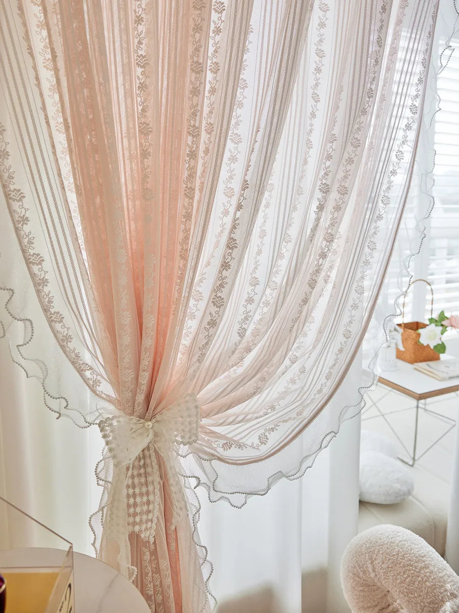 Pink Vertical Striped Rose Flower Lace With White Pearl Ruffled Tulle Curtains For Living Room Romantic Princess Bedroom Drapes
