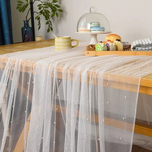 Elegant Wedding Birthday Party Pearl Tablecloth Decor Tulle Cake Dessert Buffet Table Cover Stylish Backdrop Curtain Photo Prop