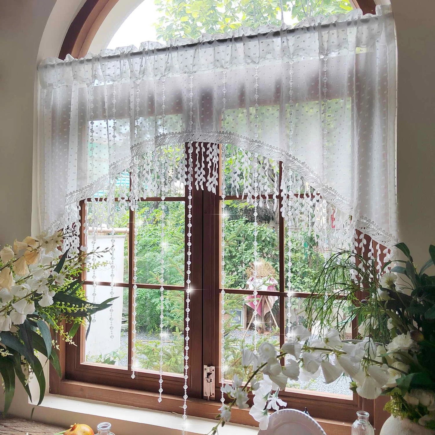 Luxury French Country Curtain with Embroidered Lace Crystal Pendants Semi Sheer Panel,Translucent Light Filtering Window Drapery