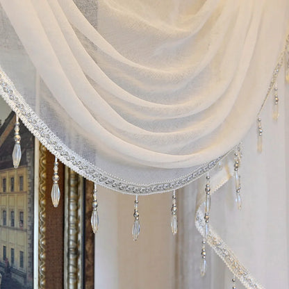 White Linen Valance Curtain Head Luxury Beaded Lace Voile Valance Curtain Wavy Curtain Custom Window Panel Drape for Living Room