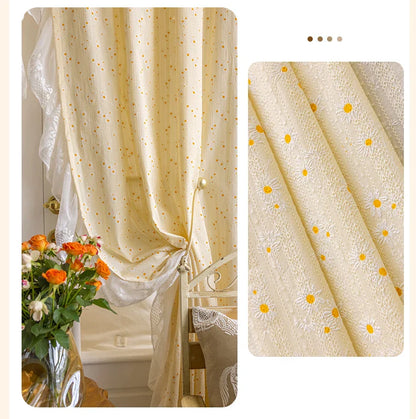 Light Yellow Daisy French Vintage Ruffle Lace Flower Semi Blackout Curtains Cotton Linen Window Door Cabinet Drapes for Bedroom