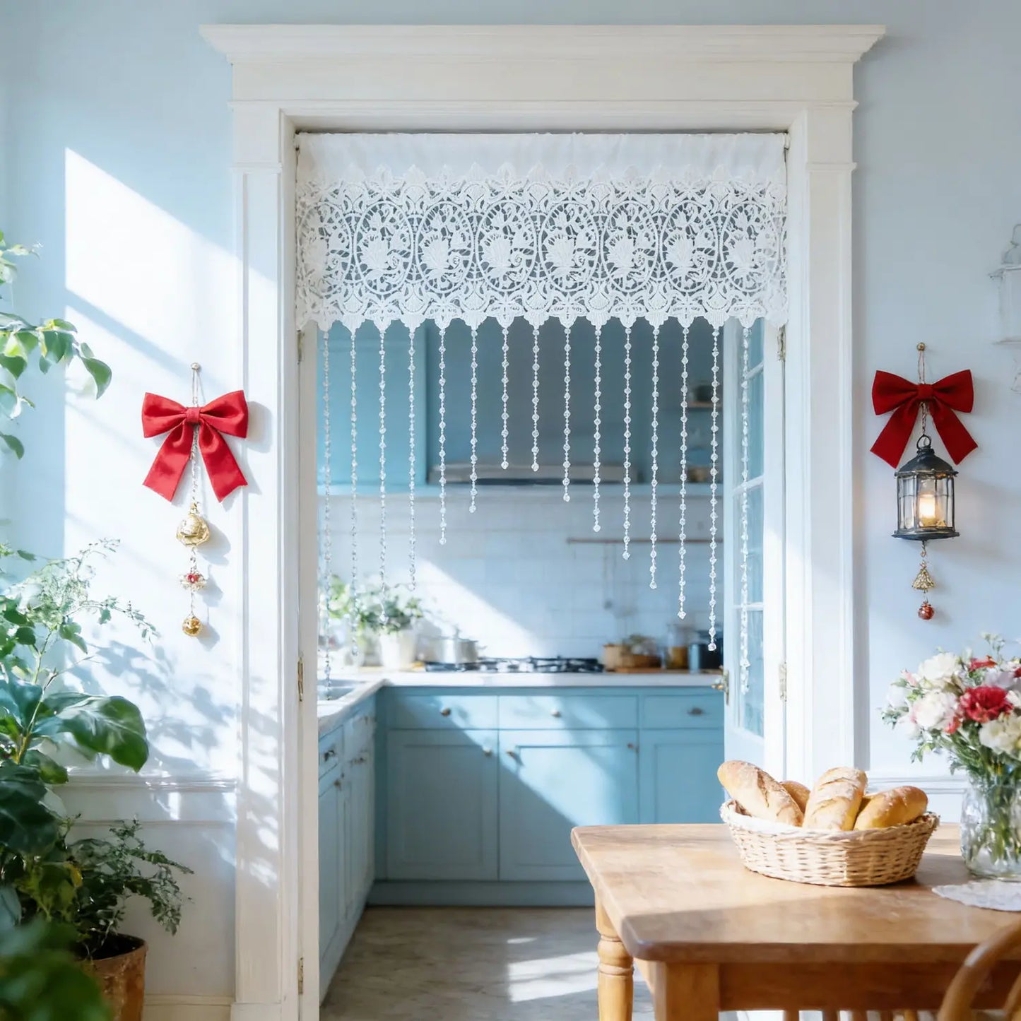 Luxury French Country Curtain with Embroidered Lace Crystal Pendants Semi-Sheer Panel,Translucent Light Filtering Window Drapery