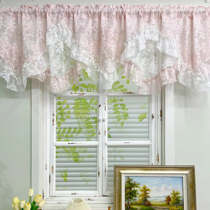1Pc,Princess Style White Pink Double Layer Jacquard Lace with Ruffles Swag Waterfal Valance Sheer Curtains for Room Windows