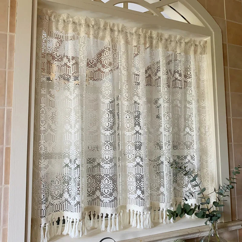Nordic hollow lace gauze curtain fringed rural retro partition cotton and linen curtain
