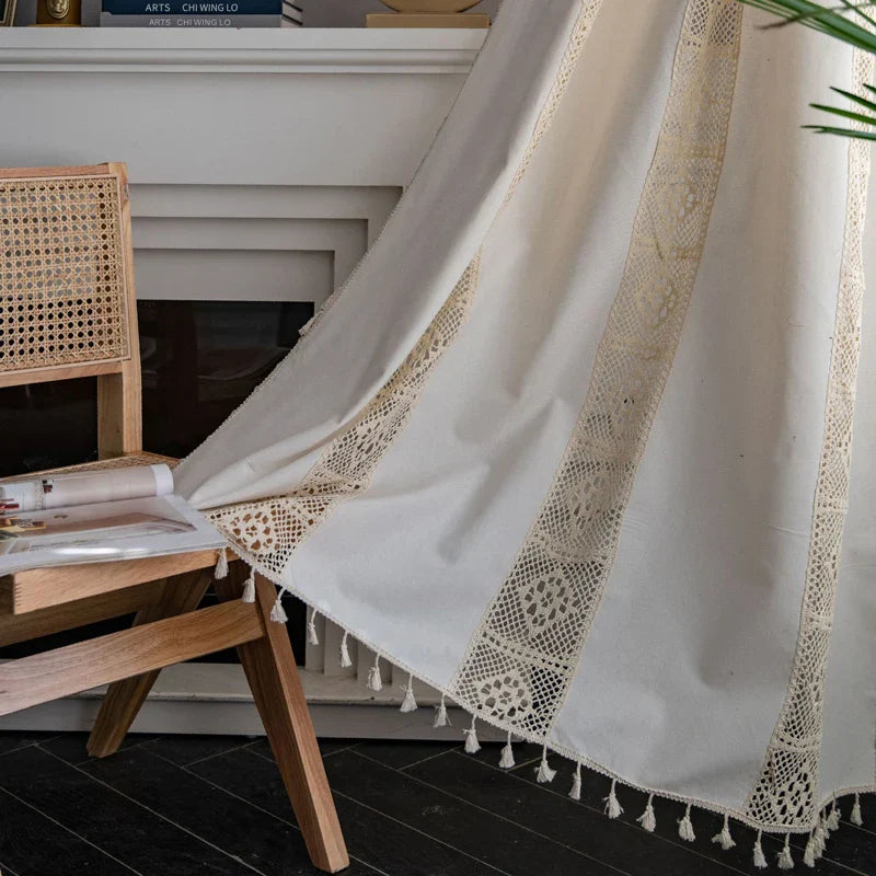 Boho Curtains Semi-Blackout Crochet Patchwork Floral Print Cotton Linen with Tassels Rod Pocket Window Drapes for Living Bedroom