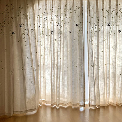 French Embroidered Bird Linen Curtain For Living Room, Privacy Sheer Curtain For Bedroom, Machine Washable .Easy Install Curtain