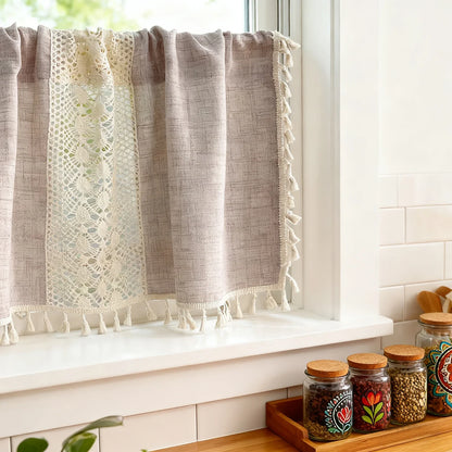 Bohemian Crochet Lace Kitchen Curtain with Tassel Trim, Spliced Design Boho Curtains for Window Panel Light Filtering Drape