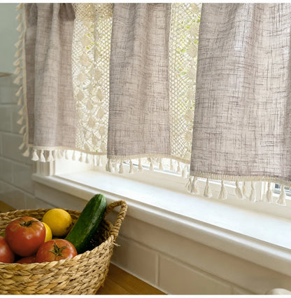 Bohemian Crochet Lace Kitchen Curtain with Tassel Trim, Spliced Design Boho Curtains for Window Panel Light Filtering Drape
