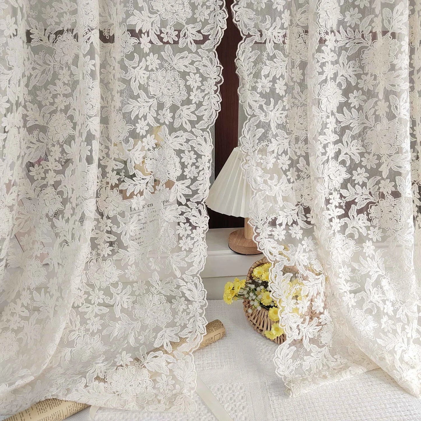 French Lace Tulle Curtain, Sling Tassel Special Design Beige Curtain For Bedroom Living Room, Window Curtain, Door Curtain