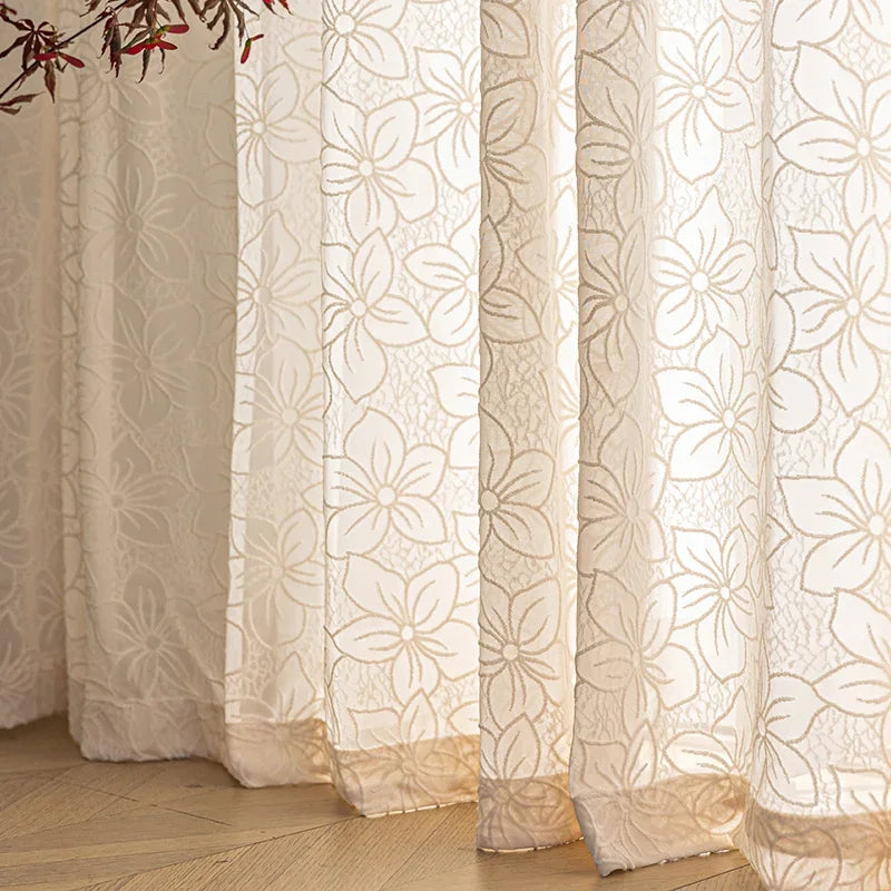 French Style Living Room Curtain Cream Beige Bedroom Decorative Curtains Floral Pattern Light-transmitting Study Curtains IG 커튼