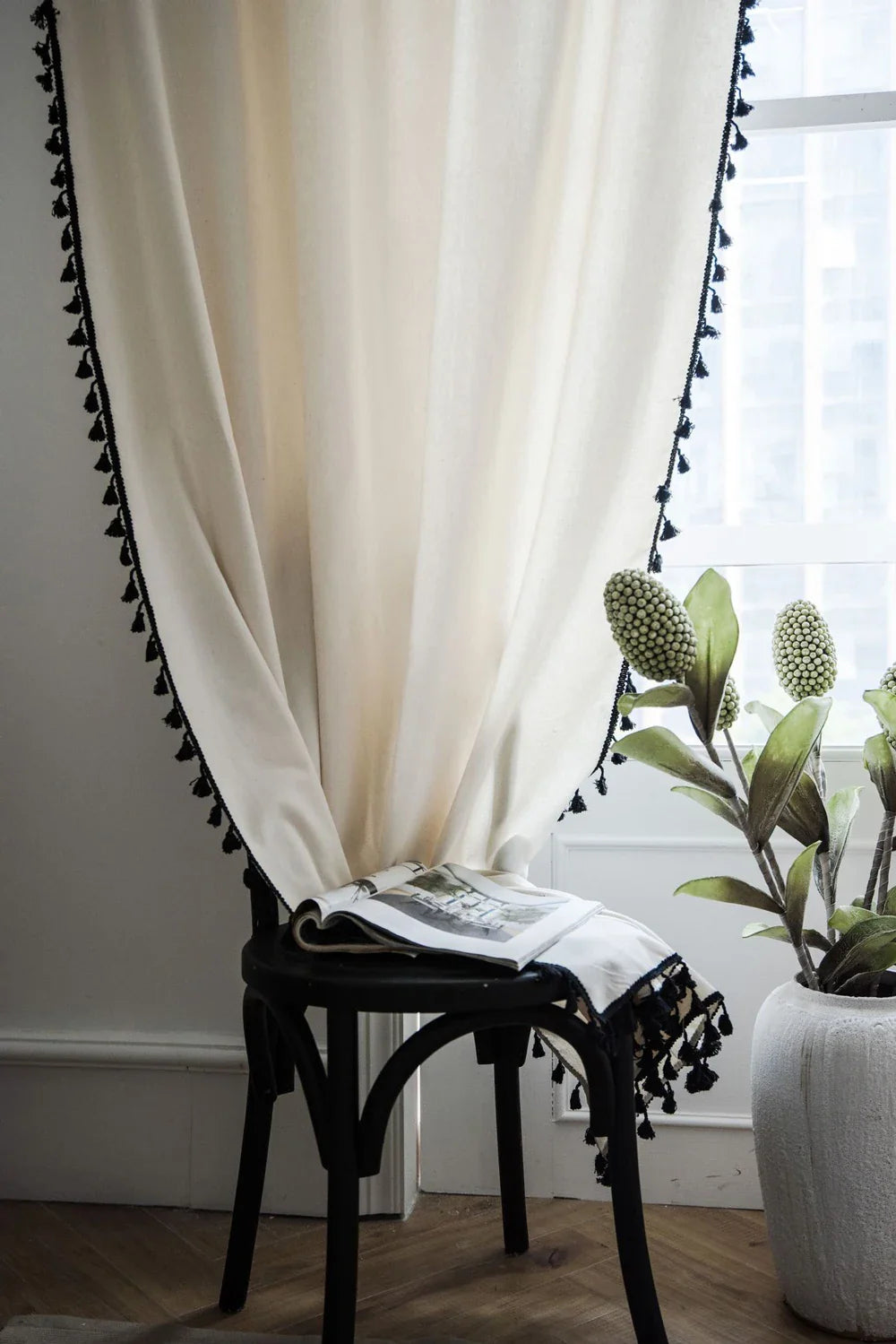 Boho Curtains Natural Linen Look Textured Burlap for Bedroom Rod Pocket Semi Blackout with Tassels Window Drapes for Living Room