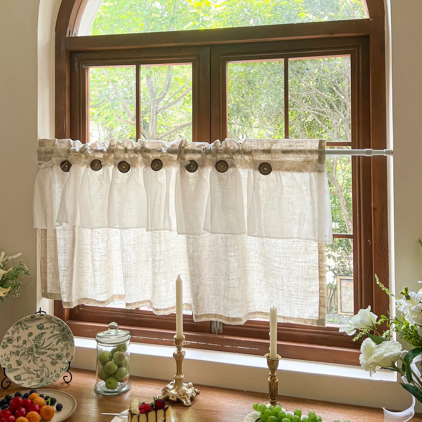 Countryside Double-layer Pleated Small Curtains For Kitchen,With Button Design Cafe Style Half Curtain,Affordable Linen Curtains