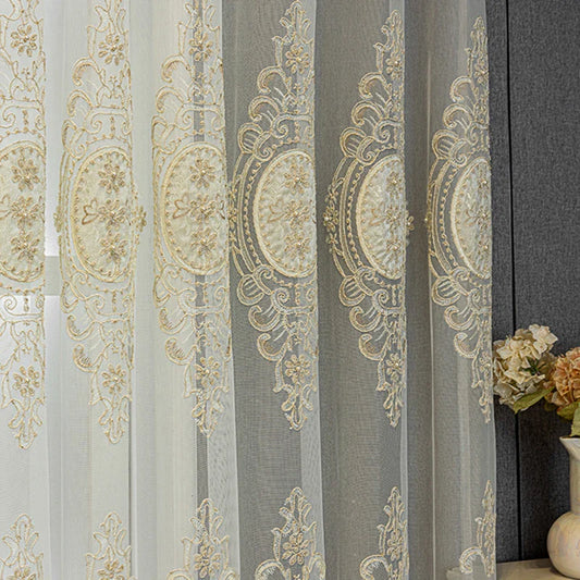 European High-End Pearl Lace Embroidered Sheer Curtains For Living Rooms, Beige Tulle Curtains For Bedroom, Home Window Curtains