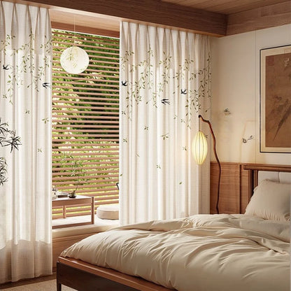 French Embroidered Bird Linen Curtain For Living Room, Privacy Sheer Curtain For Bedroom, Machine Washable .Easy Install Curtain
