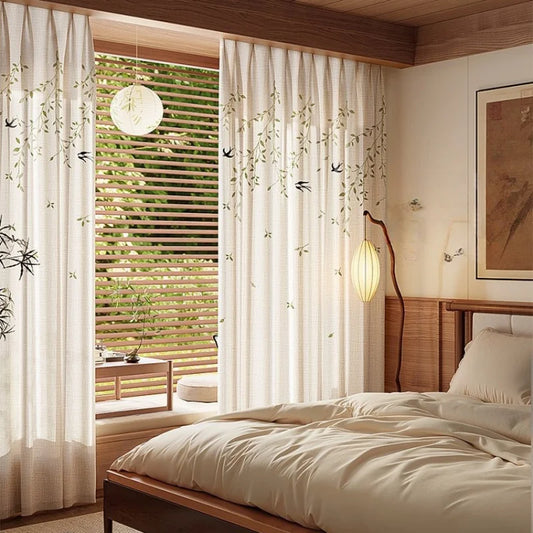 French Embroidered Bird Linen Curtain For Living Room, Privacy Sheer Curtain For Bedroom, Machine Washable .Easy Install Curtain