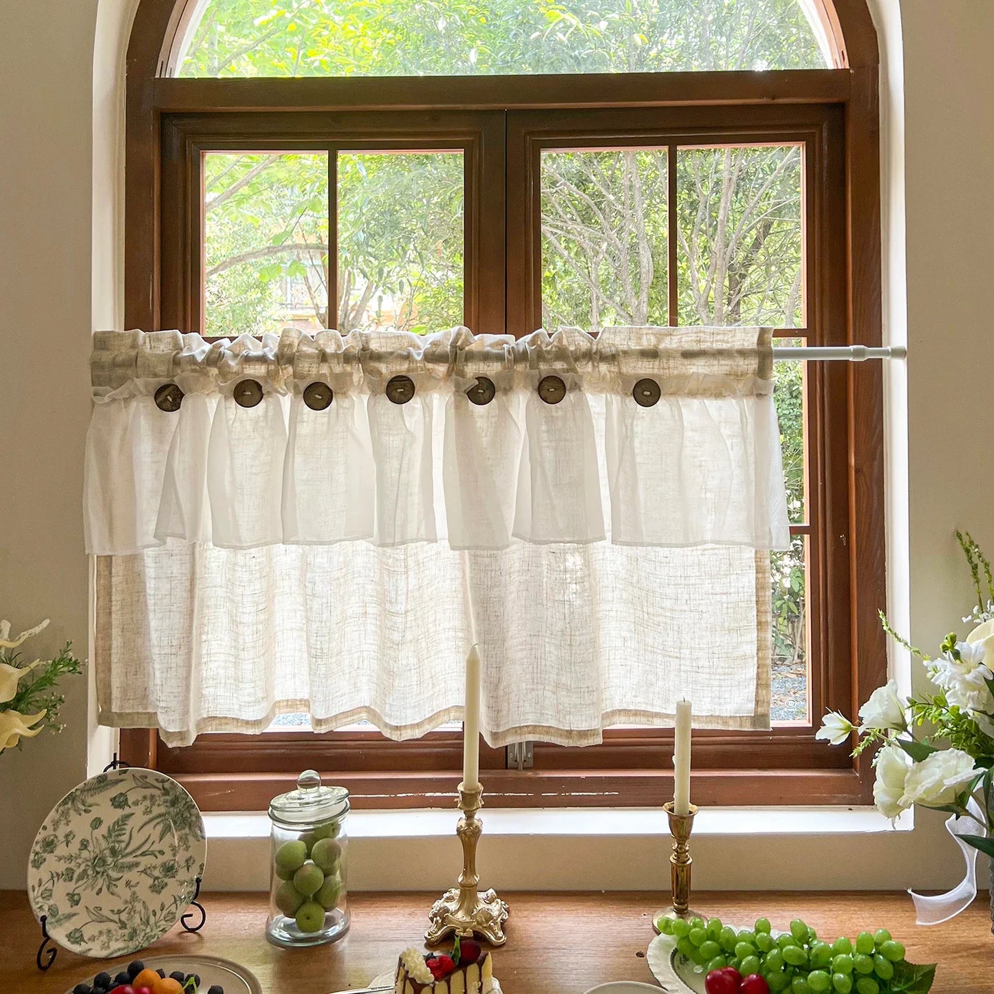 Countryside Double-layer Pleated Small Curtains For Kitchen,With Button Design Cafe Style Half Curtain,Affordable Linen Curtains