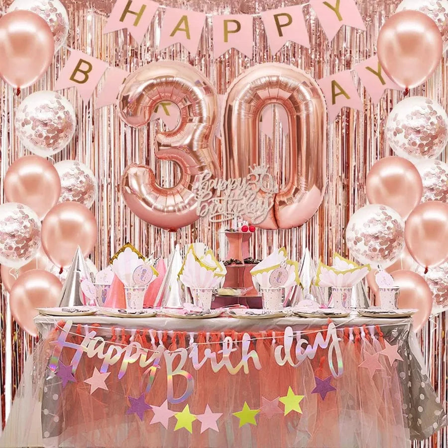 58Pc/Set 40-Inch Number Foil Balloons Party Backdrop Rain Curtain Rose Gold Glitter Balloons Happy Birthday Pink Banner Birthday Party Set Celebration Birthday Party Combo Set Suitable for 16Th 21St 30Th 40Th 50Th 60Th 70Th C