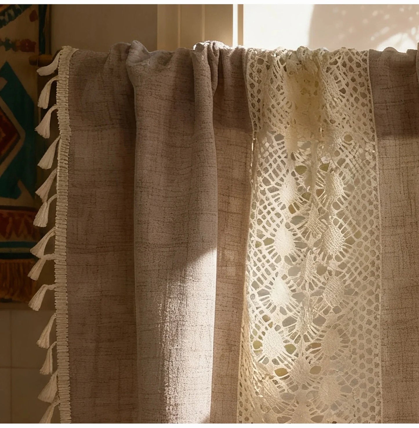 Bohemian Crochet Lace Kitchen Curtain with Tassel Trim, Spliced Design Boho Curtains for Window Panel Light Filtering Drape