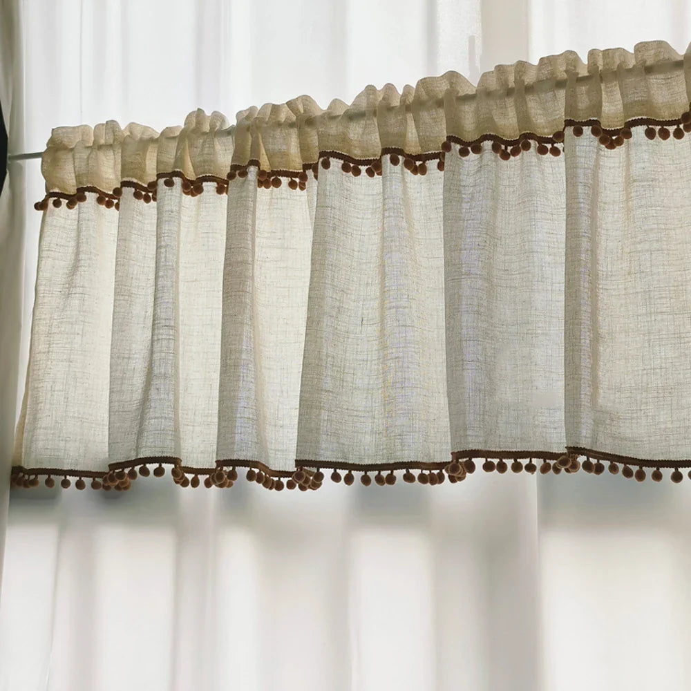 Kitchen Curtains Faux Linen Textured Small Cafe Window Curtain with Pom Pom Over Sink Light Filtering Short Curtain for Bathroom