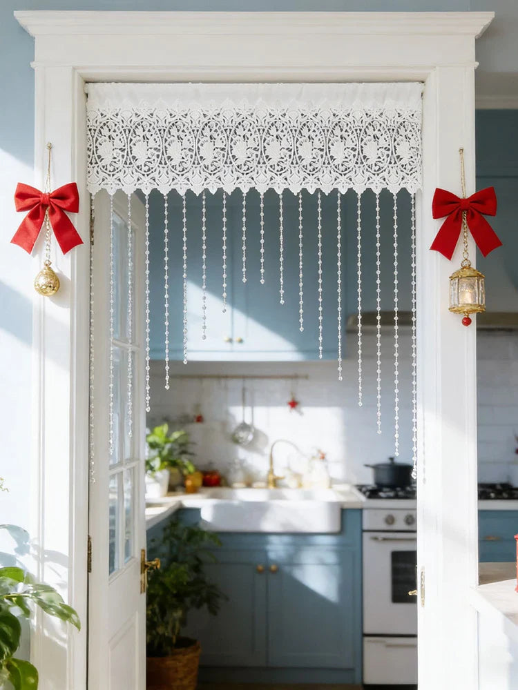 Luxury French Country Curtain with Embroidered Lace Crystal Pendants Semi-Sheer Panel,Translucent Light Filtering Window Drapery
