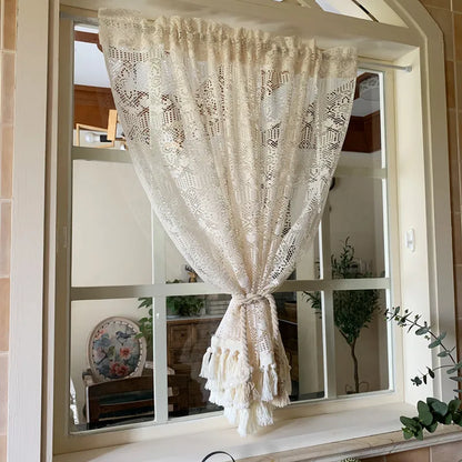 Nordic hollow lace gauze curtain fringed rural retro partition cotton and linen curtain