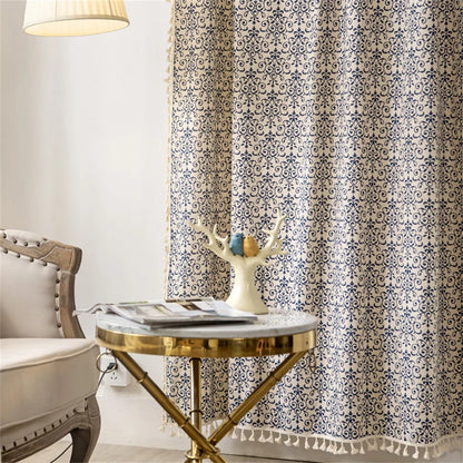 Clochef 1pc American Vintage Farmhouse Curtain Bohemian Imitation Linen Pure Hand Sewn Fringe Curtains Blue And White Porcelain