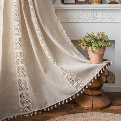 Boho Curtains Semi-Blackout Crochet Patchwork Floral Print Cotton Linen with Tassels Rod Pocket Window Drapes for Living Bedroom