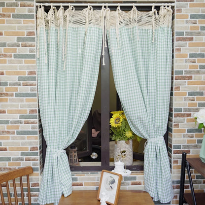 American rural green grid half curtain window bathroom door curtain custom for cabinet coffee
