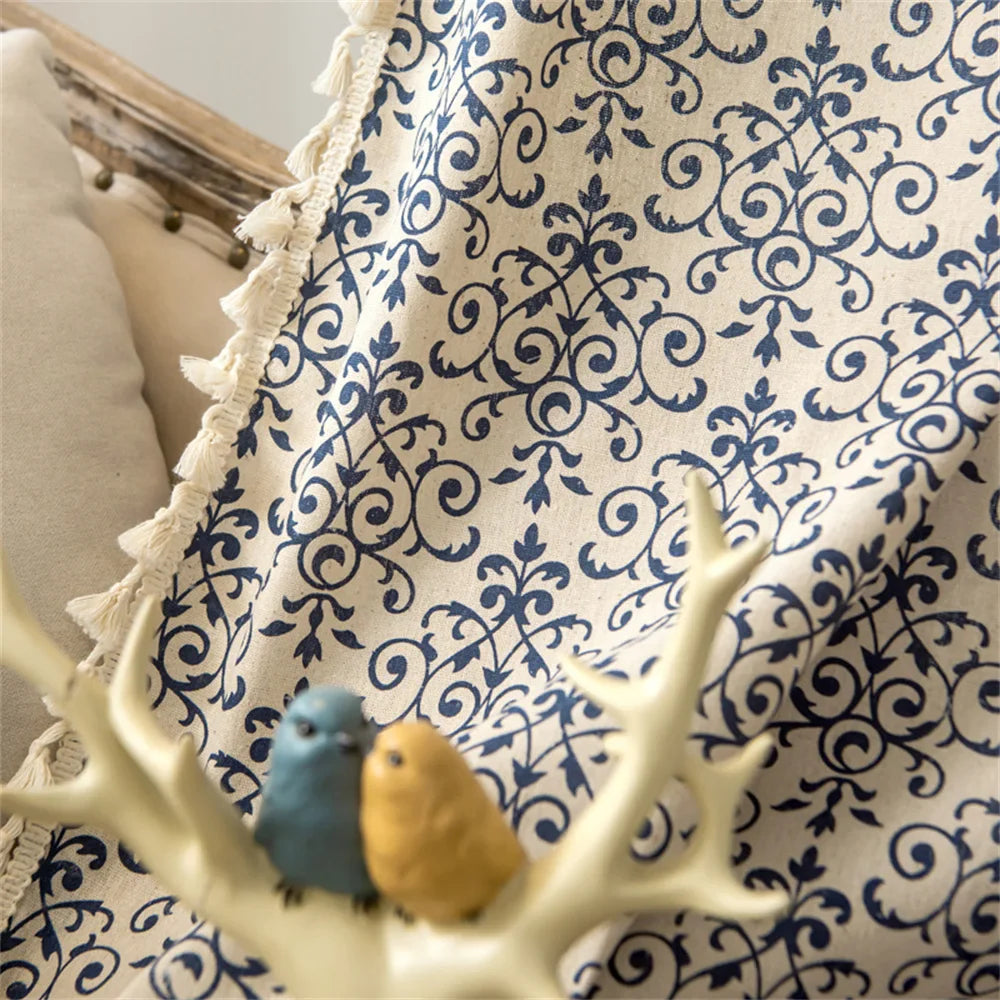 Clochef 1pc American Vintage Farmhouse Curtain Bohemian Imitation Linen Pure Hand Sewn Fringe Curtains Blue And White Porcelain