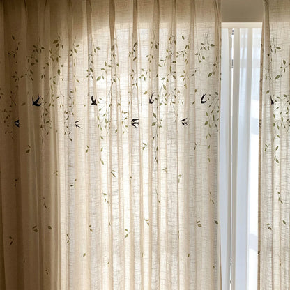 French Embroidered Bird Linen Curtain For Living Room, Privacy Sheer Curtain For Bedroom, Machine Washable .Easy Install Curtain