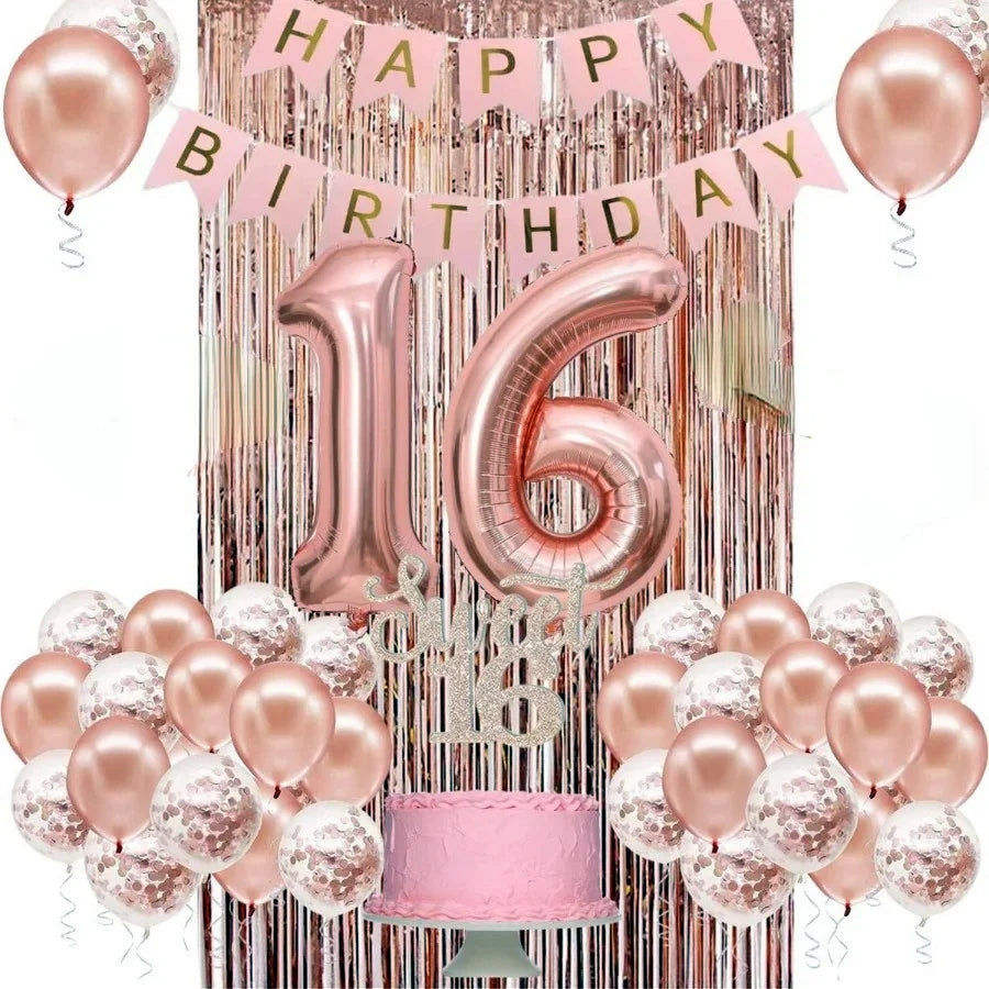 58Pc/Set 40-Inch Number Foil Balloons Party Backdrop Rain Curtain Rose Gold Glitter Balloons Happy Birthday Pink Banner Birthday Party Set Celebration Birthday Party Combo Set Suitable for 16Th 21St 30Th 40Th 50Th 60Th 70Th C