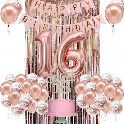 58Pc/Set 40-Inch Number Foil Balloons Party Backdrop Rain Curtain Rose Gold Glitter Balloons Happy Birthday Pink Banner Birthday Party Set Celebration Birthday Party Combo Set Suitable for 16Th 21St 30Th 40Th 50Th 60Th 70Th C
