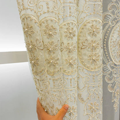 European High-End Pearl Lace Embroidered Sheer Curtains For Living Rooms, Beige Tulle Curtains For Bedroom, Home Window Curtains