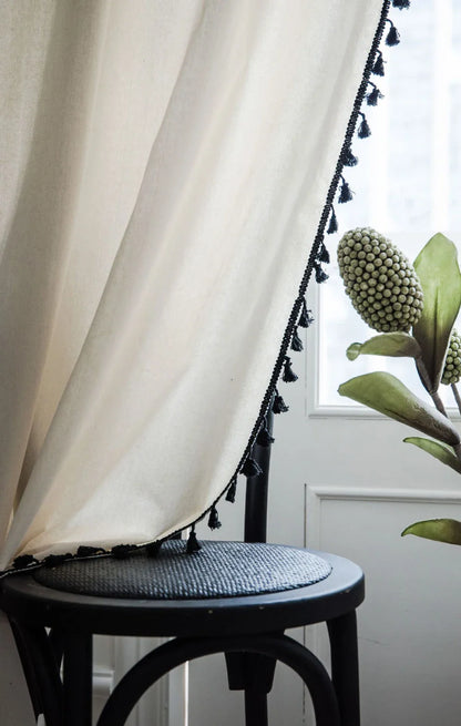 Boho Curtains Natural Linen Look Textured Burlap for Bedroom Rod Pocket Semi Blackout with Tassels Window Drapes for Living Room