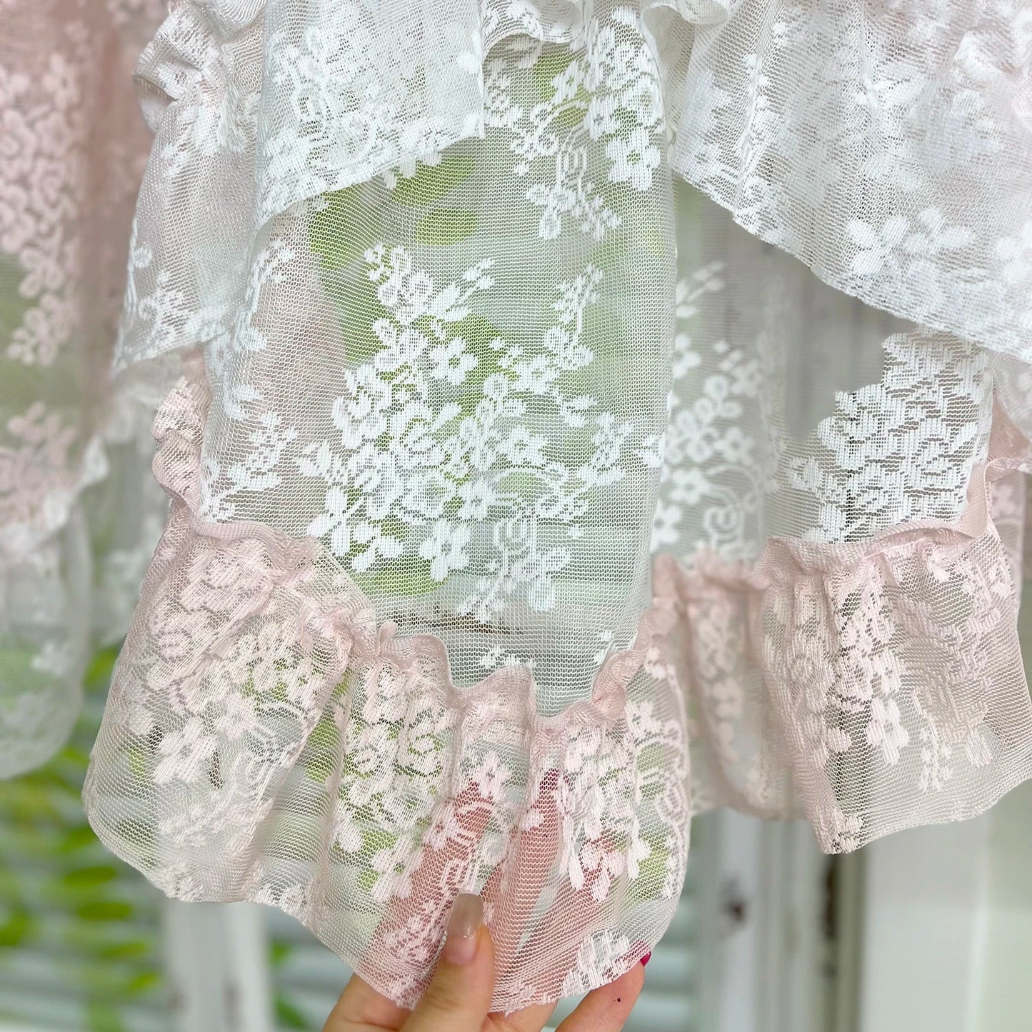 1Pc,Princess Style White Pink Double Layer Jacquard Lace with Ruffles Swag Waterfal Valance Sheer Curtains for Room Windows
